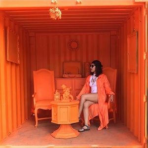 Light weight long orange trench with hood